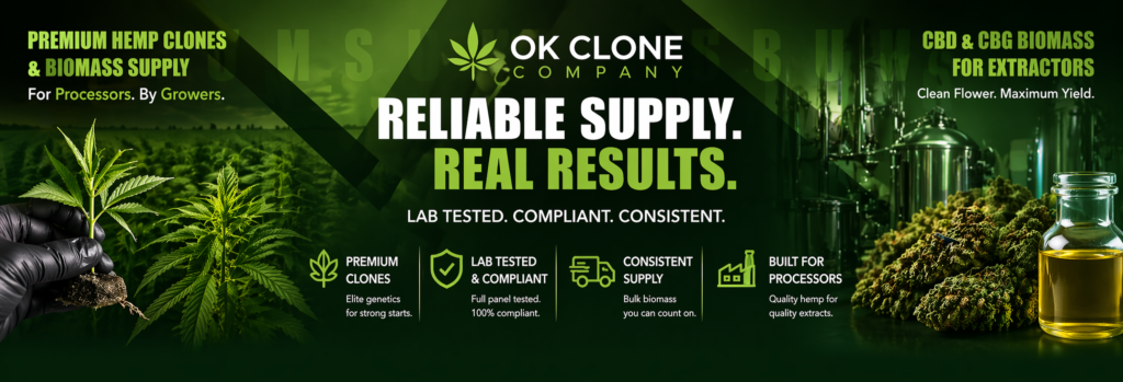 CBD and CBG biomass banner highlighting compliant hemp clones, lab-tested products, and bulk supply for processors and extractors