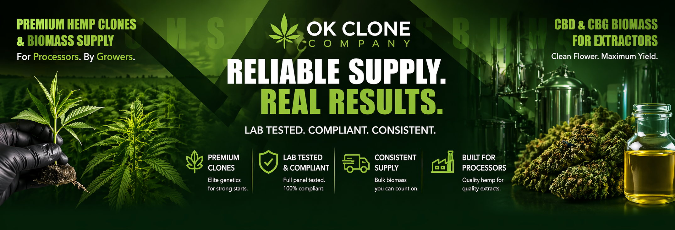 CBD and CBG biomass banner highlighting compliant hemp clones, lab-tested products, and bulk supply for processors and extractors